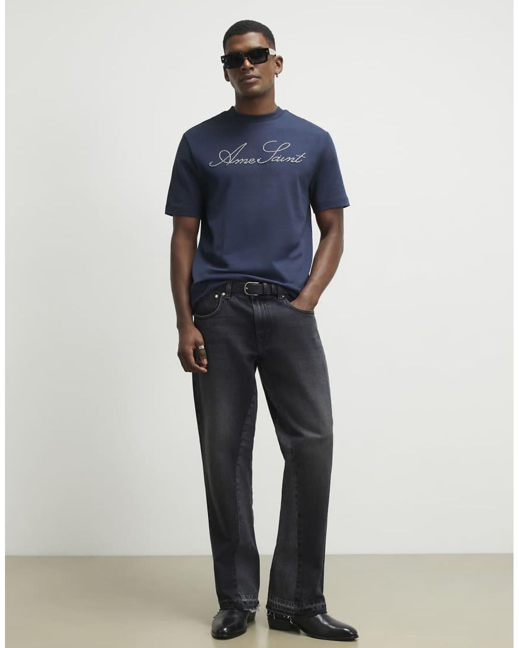 River Island Blue Cotton Ame Saint Beaded T-Shirt for men