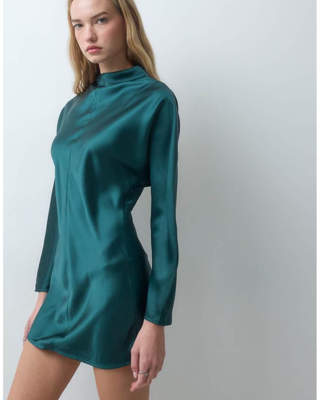 ASOS Blue High Neck Satin Smock Mini Dress
