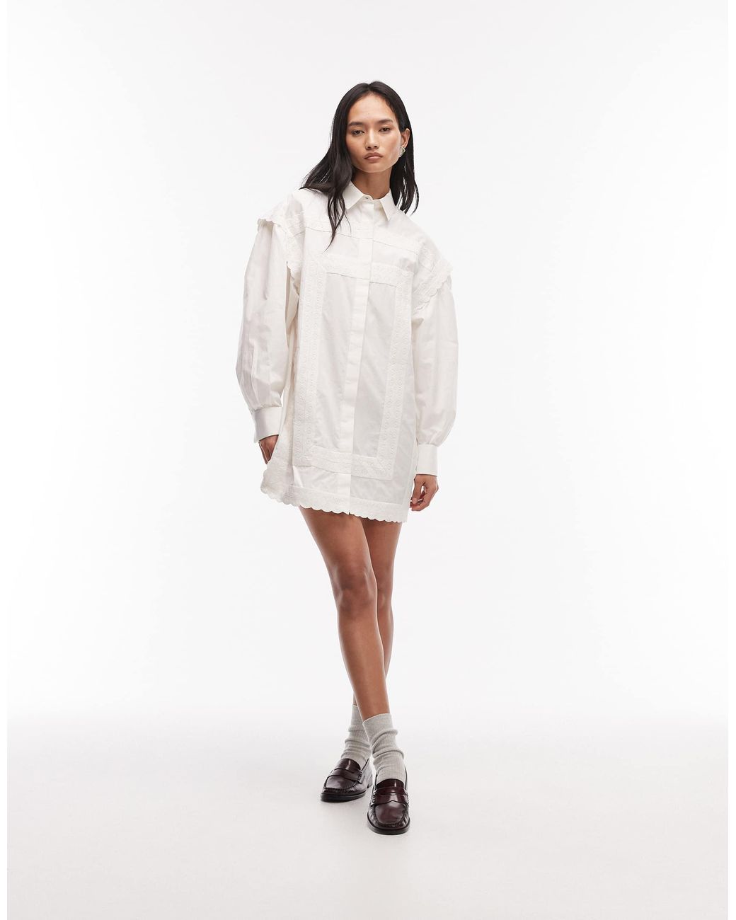 ASOS White Poplin Mini Shirt Dress With Lace Trim