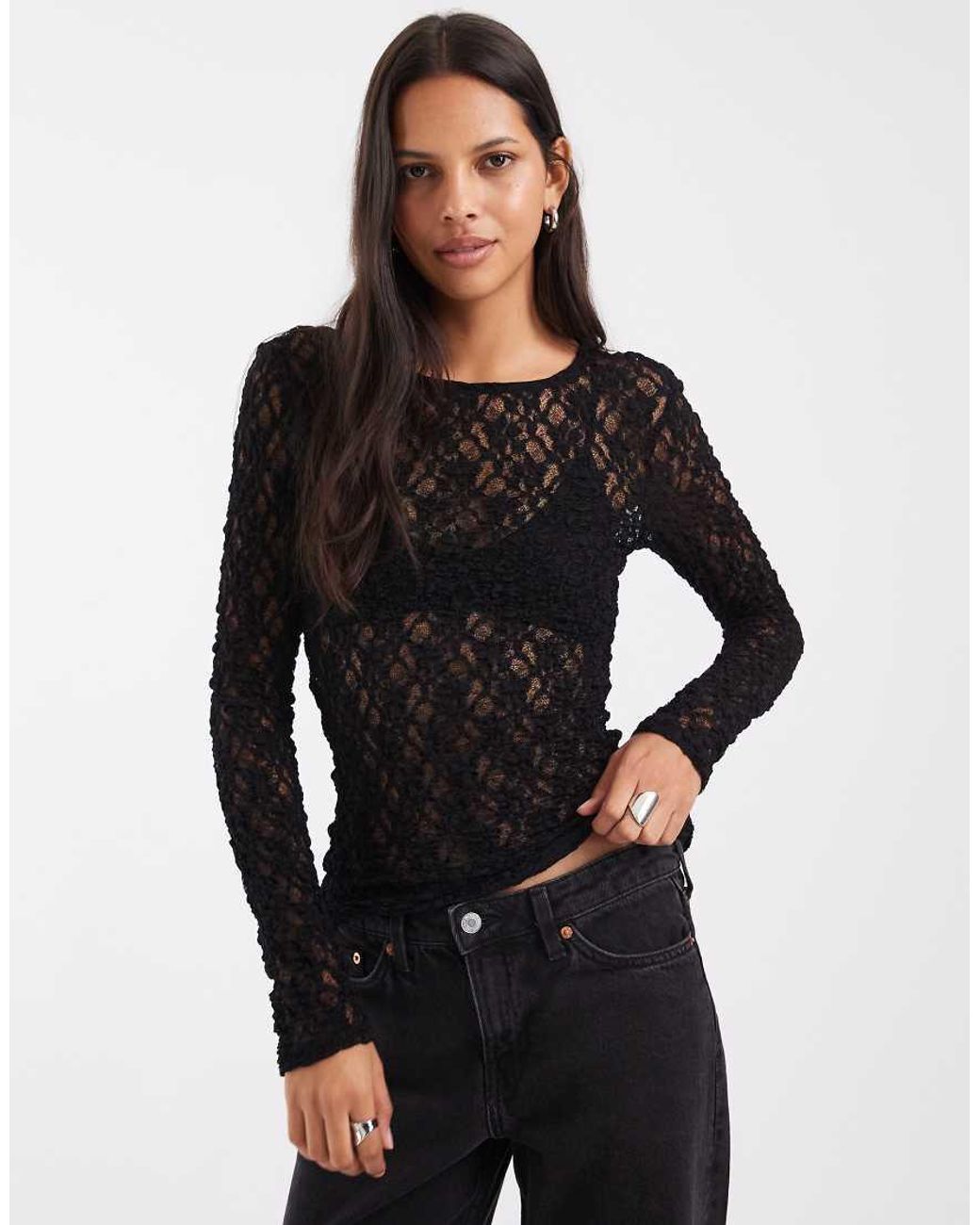 Pieces Black Long Sleeve Lace Top