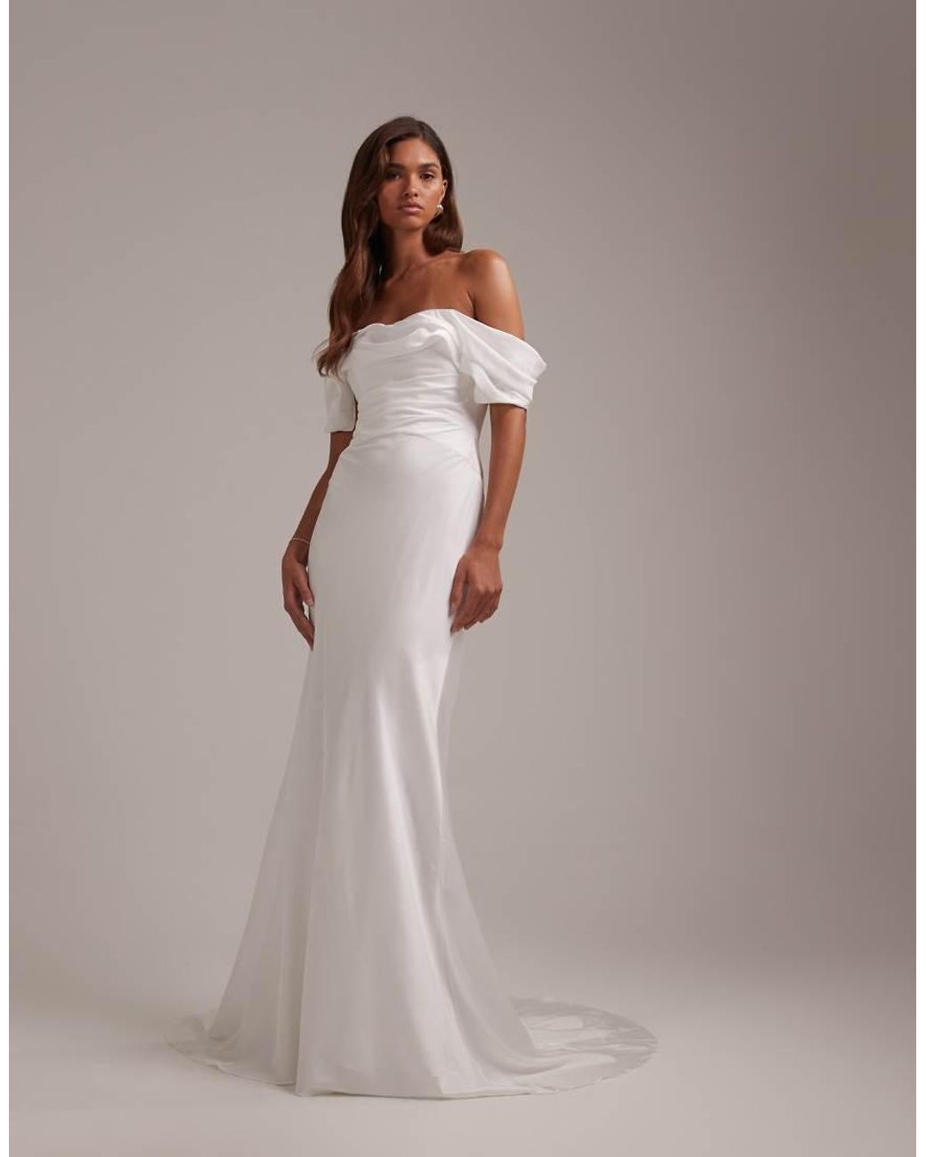 ASOS Brown Bardot Draped Satin Maxi Wedding Dress