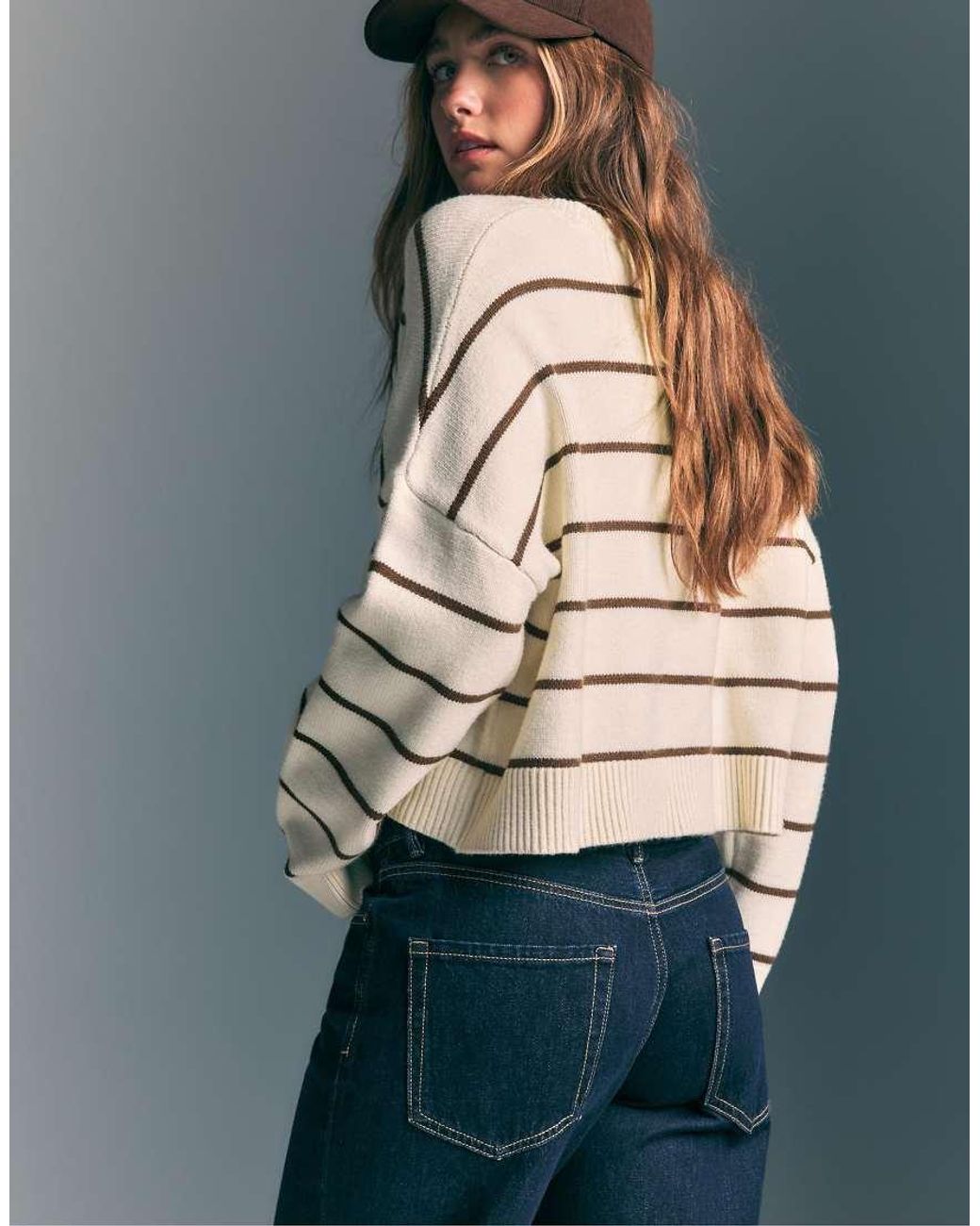 Stradivarius Gray Striped Cropped Knit Sweater