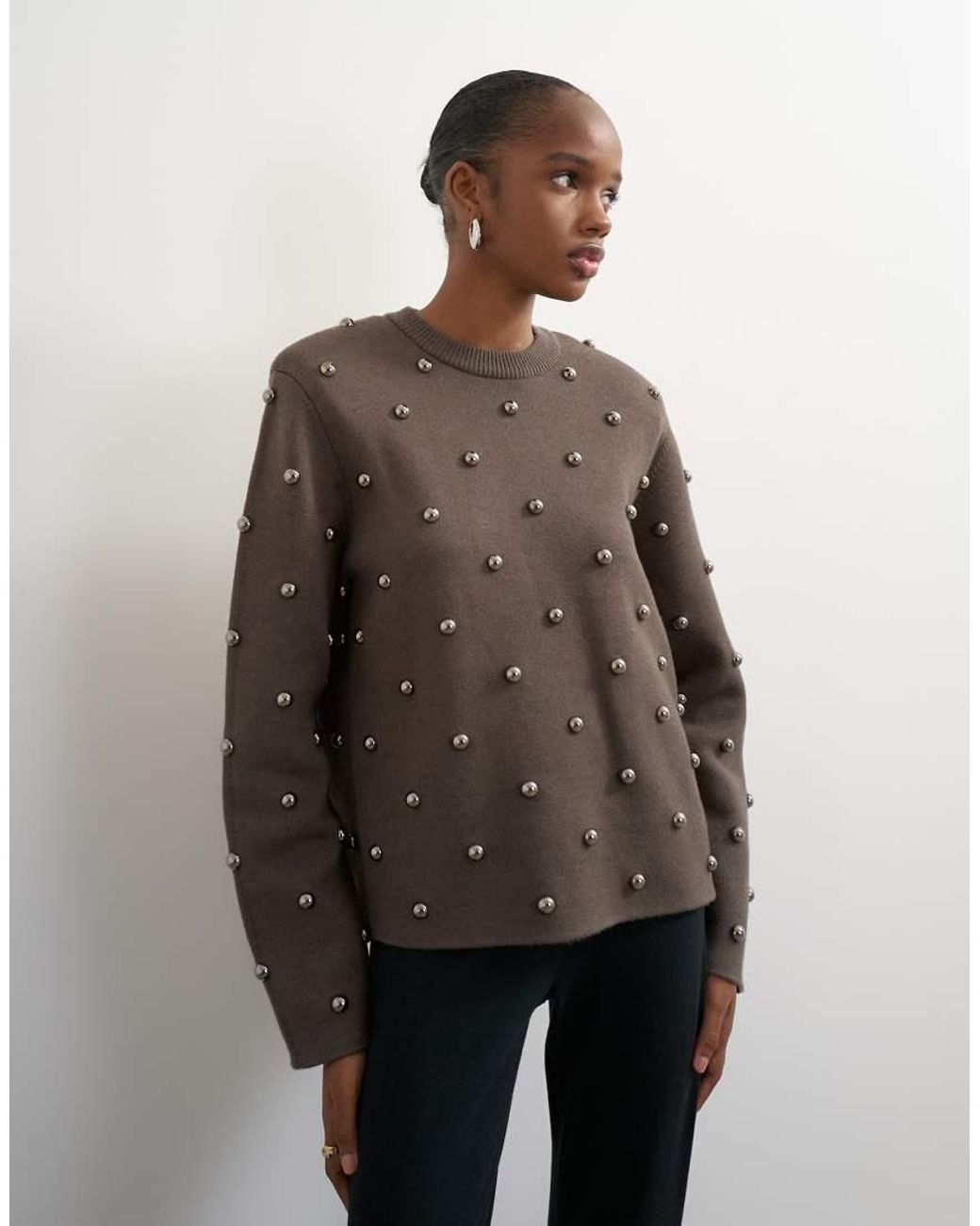 TOPSHOP Brown Knitted Metal Studded Shoulder Pad Jumper