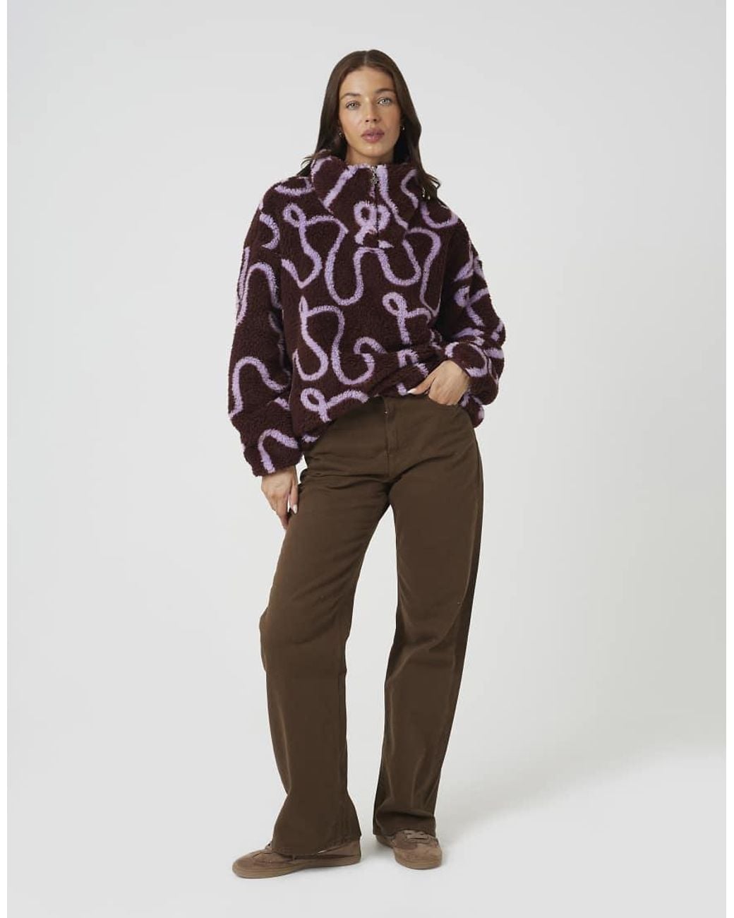 Brave Soul Purple Sherpa Fleece Squiggle Print Sweatshirt