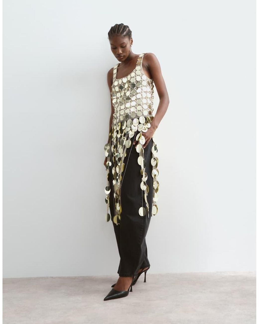 ARRANGE White Futurist Sequin Crop Top With Long 3d Fringe Hem