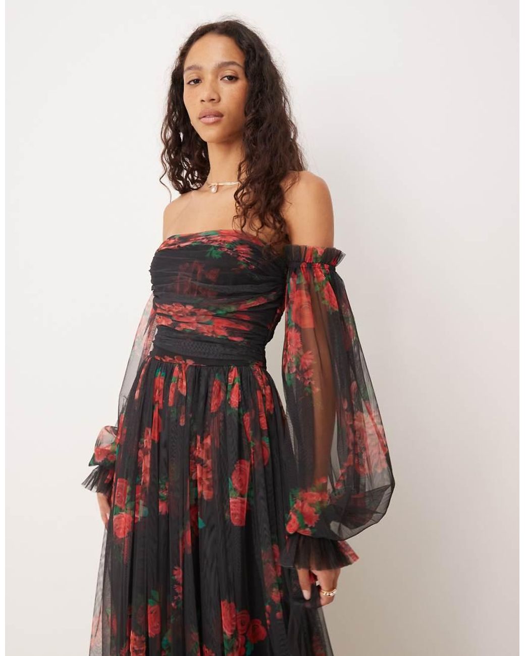 LACE & BEADS Multicolor Off The Shoulder Balloon Sleeve Tulle Maxi Dress