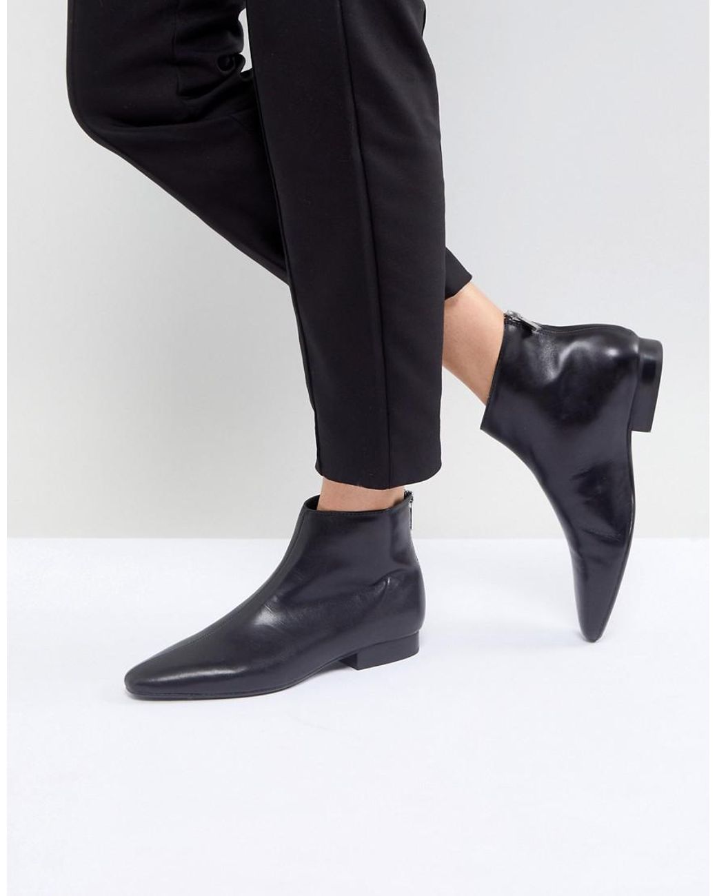 Mango Leather Flat Pointed Toe Ankle Boot in Black