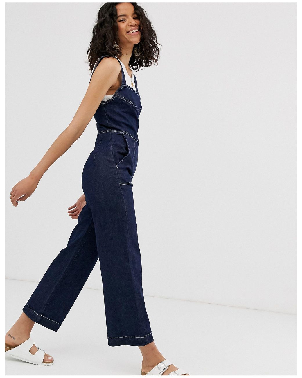 Weekday Wide Leg Cropped Denim Jumpsuit in Blue | Lyst