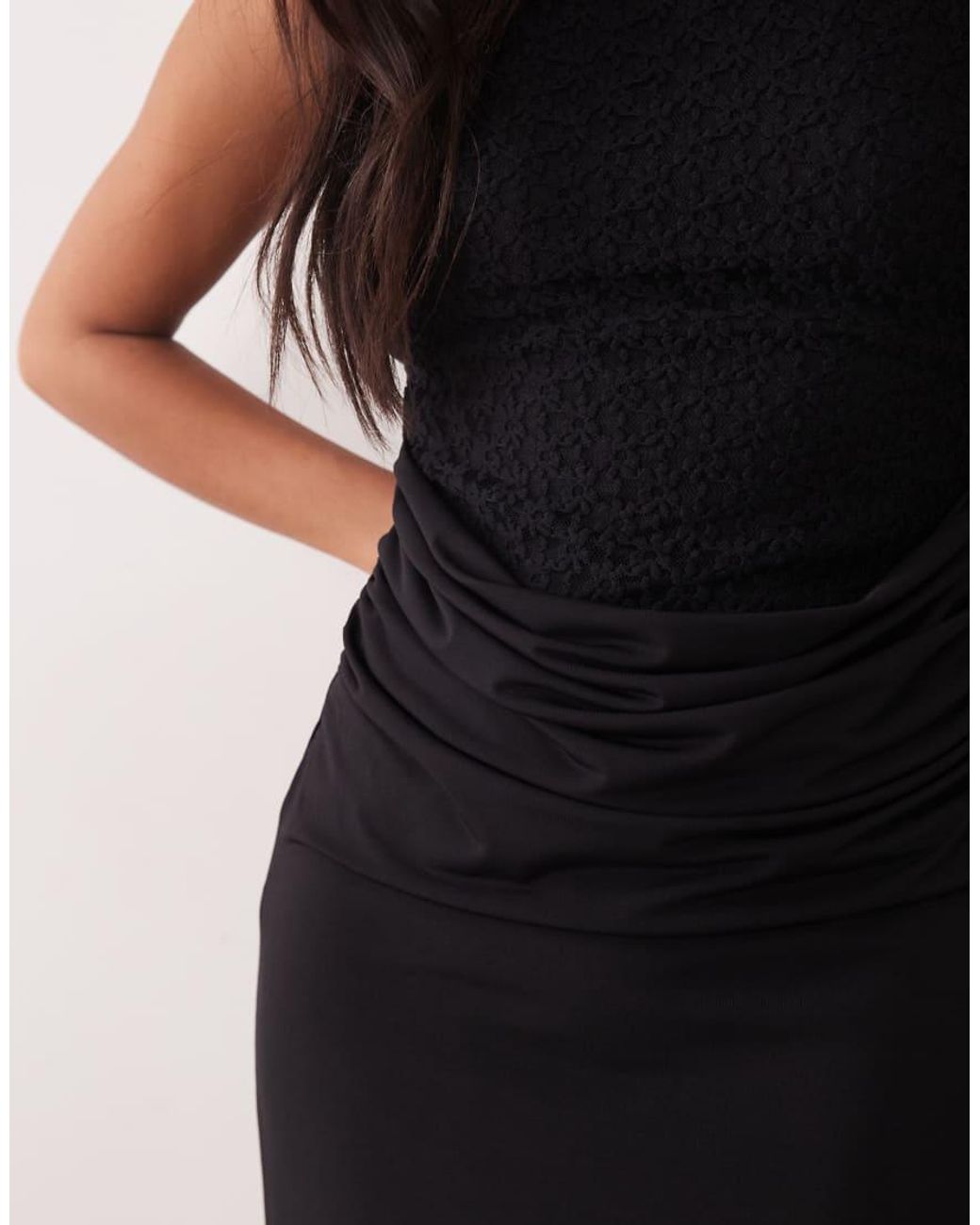 TFNC London Black Lace Racer Neck Open Cowl Back Drape Detail Maxi Dress
