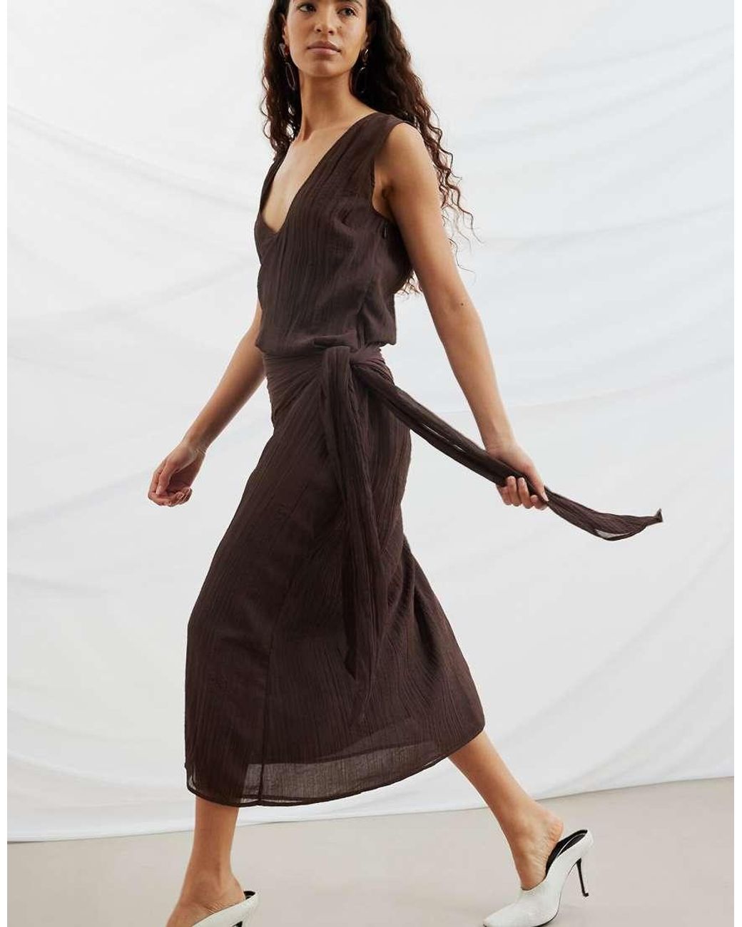 NA-KD White Scoop Neck Scarf Tie Midi Dress