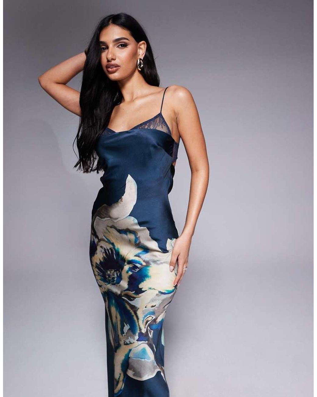 ASOS Lace Insert Satin Maxi Dress With Tie Back in Blue | Lyst UK