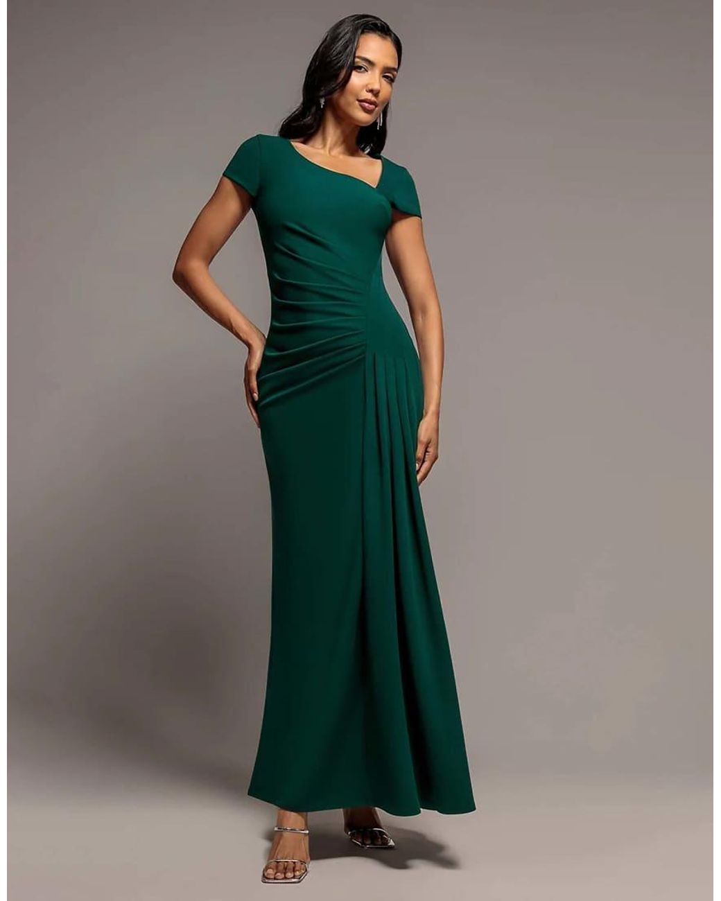 Goddiva Green Cap Sleeve Pleated Asymmetric Maxi Dress