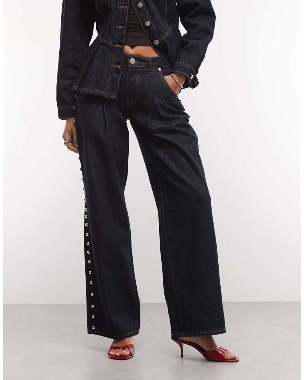 Liquor N Poker Blue Straight Leg Pleat Front Jeans With Oversized Studs Co-ord