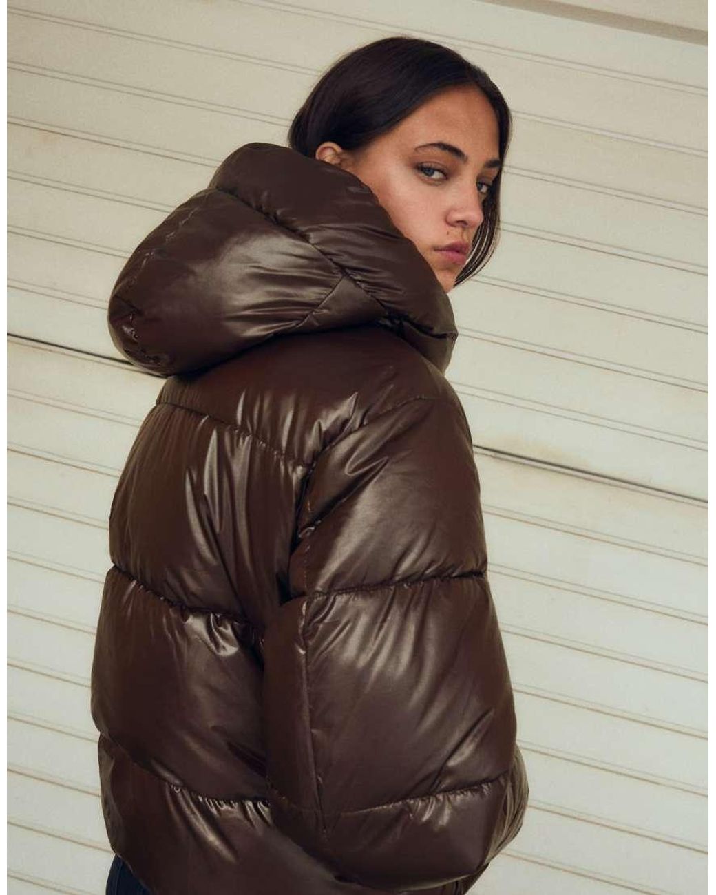 Bershka Brown Oversize Hooded Puffer Jacket
