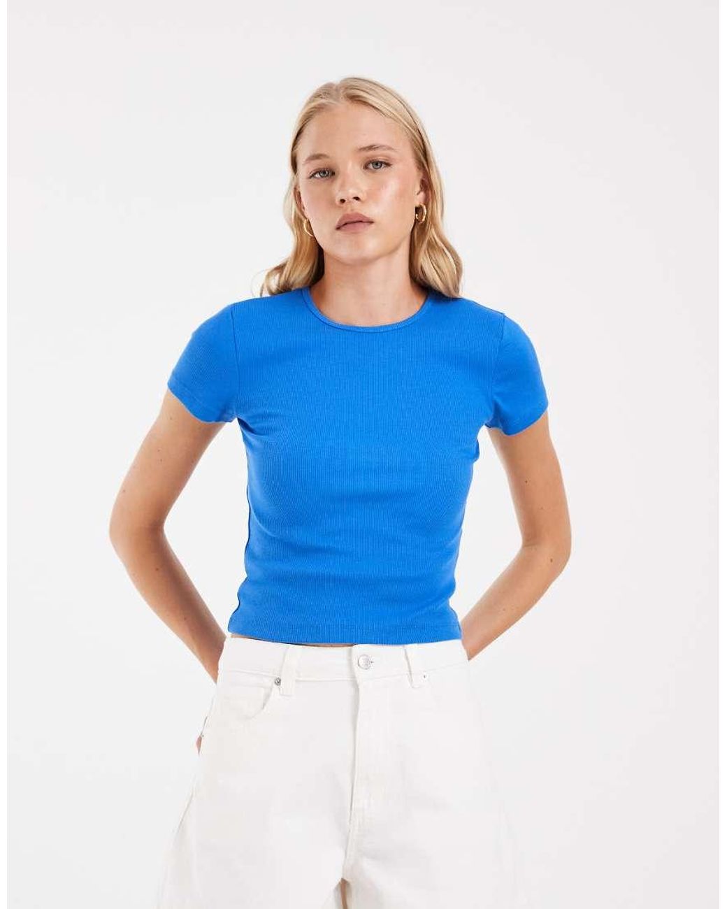 Vero Moda Blue Ribbed Round Neck T-shirt