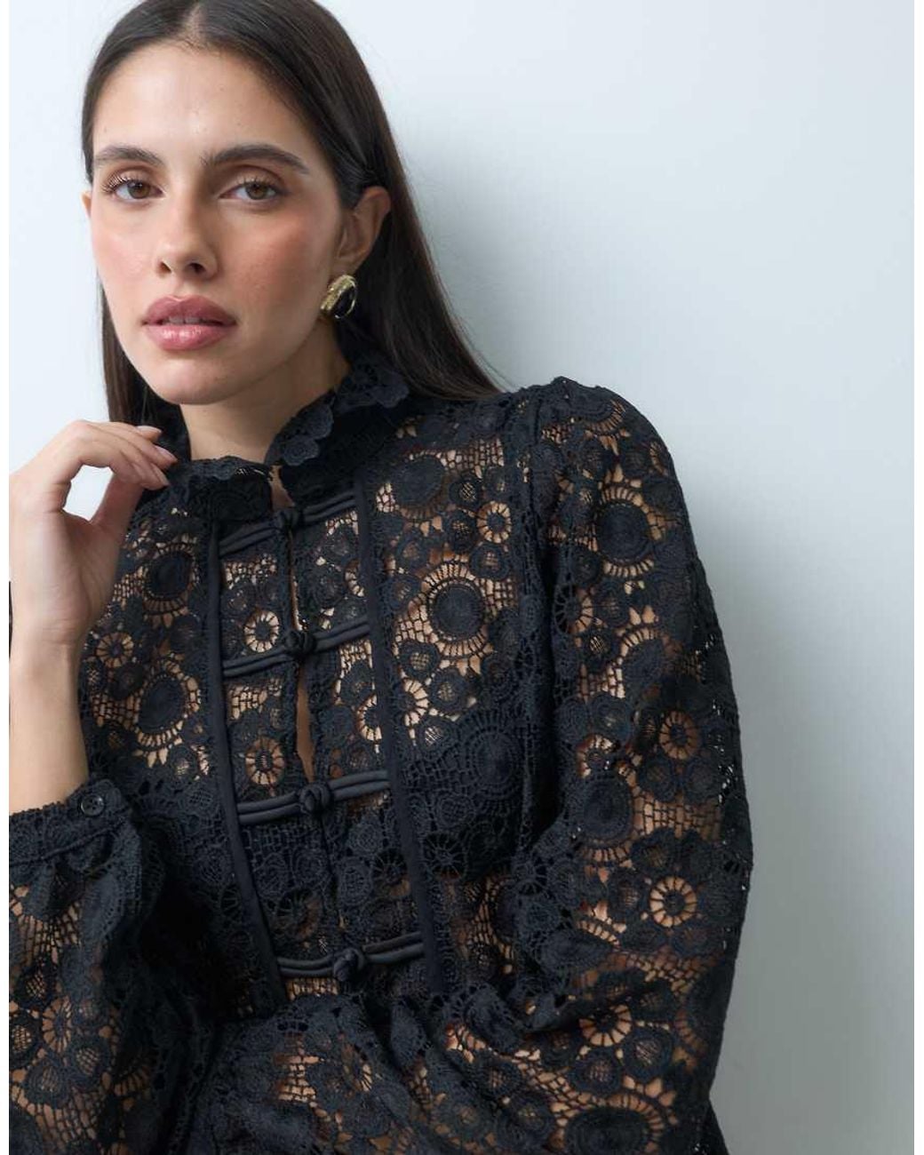 Lioness Black Overtime Sheer Lace Intricate Floral Napoleon Button Detail Balloon Sleeve Blouse