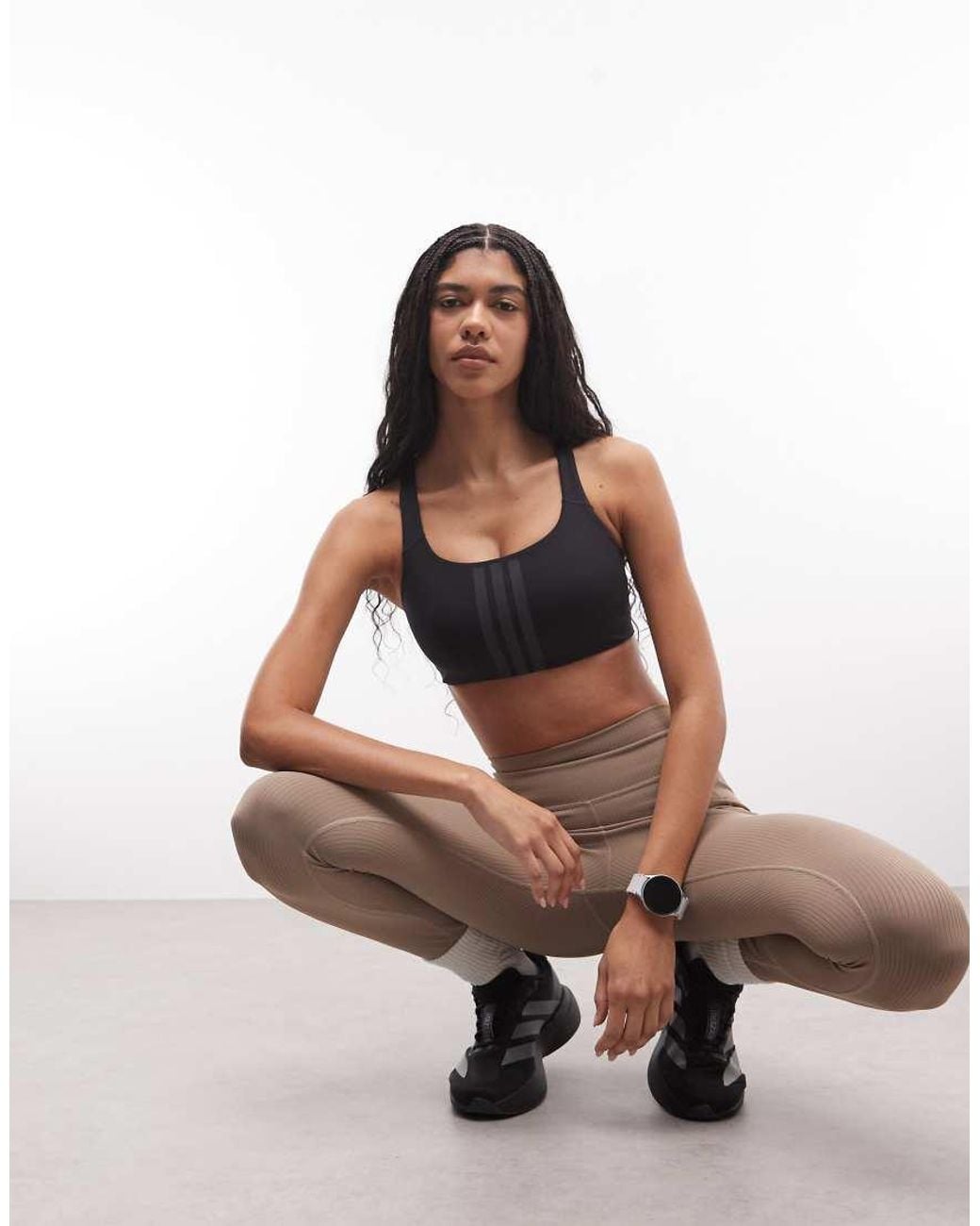 Adidas Originals Black Adidas Training Mid Support Sports Bra With 3 Stripe