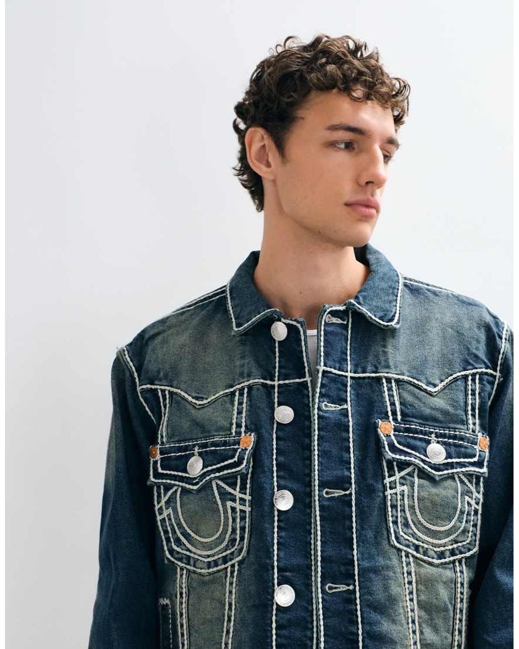 True Religion Blue Oversized Fit Rope Stitch Back Print Jimmy Trucker Jacket for men