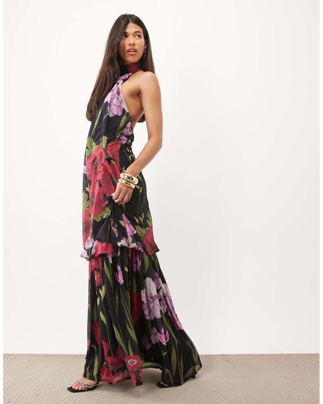 ASOS White Dropped Hem Printed Stretch Chiffon Halter Maxi Dress