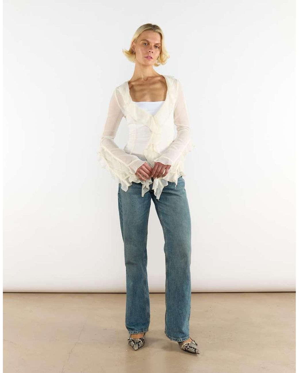 Glamorous White V-Neck Sheer Frill Blouse