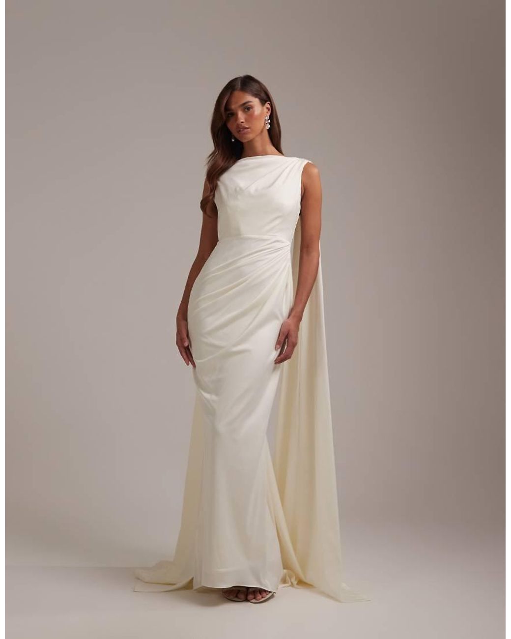 ASOS Natural Slash Neck Wedding Dress With Draped Back And Scarf Detail