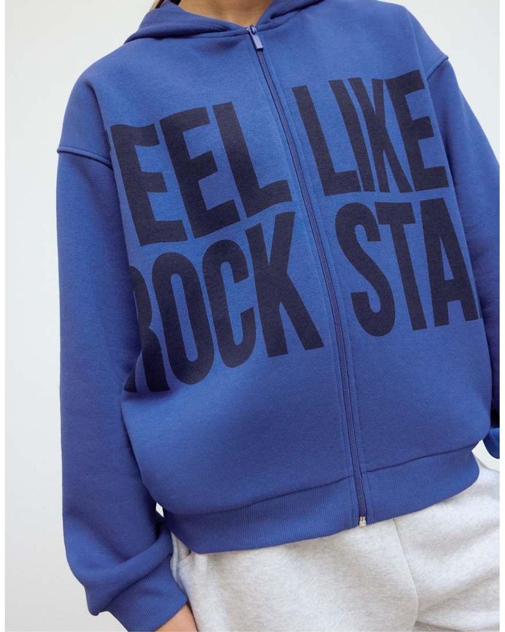 Stradivarius Blue Printed Oversize Hood Sweatshirt