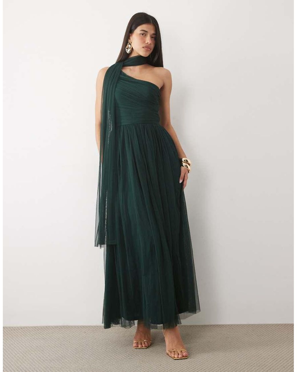 LACE & BEADS White Bridesmaid Tulle One Shoulder Scarf Neck Maxi Dress