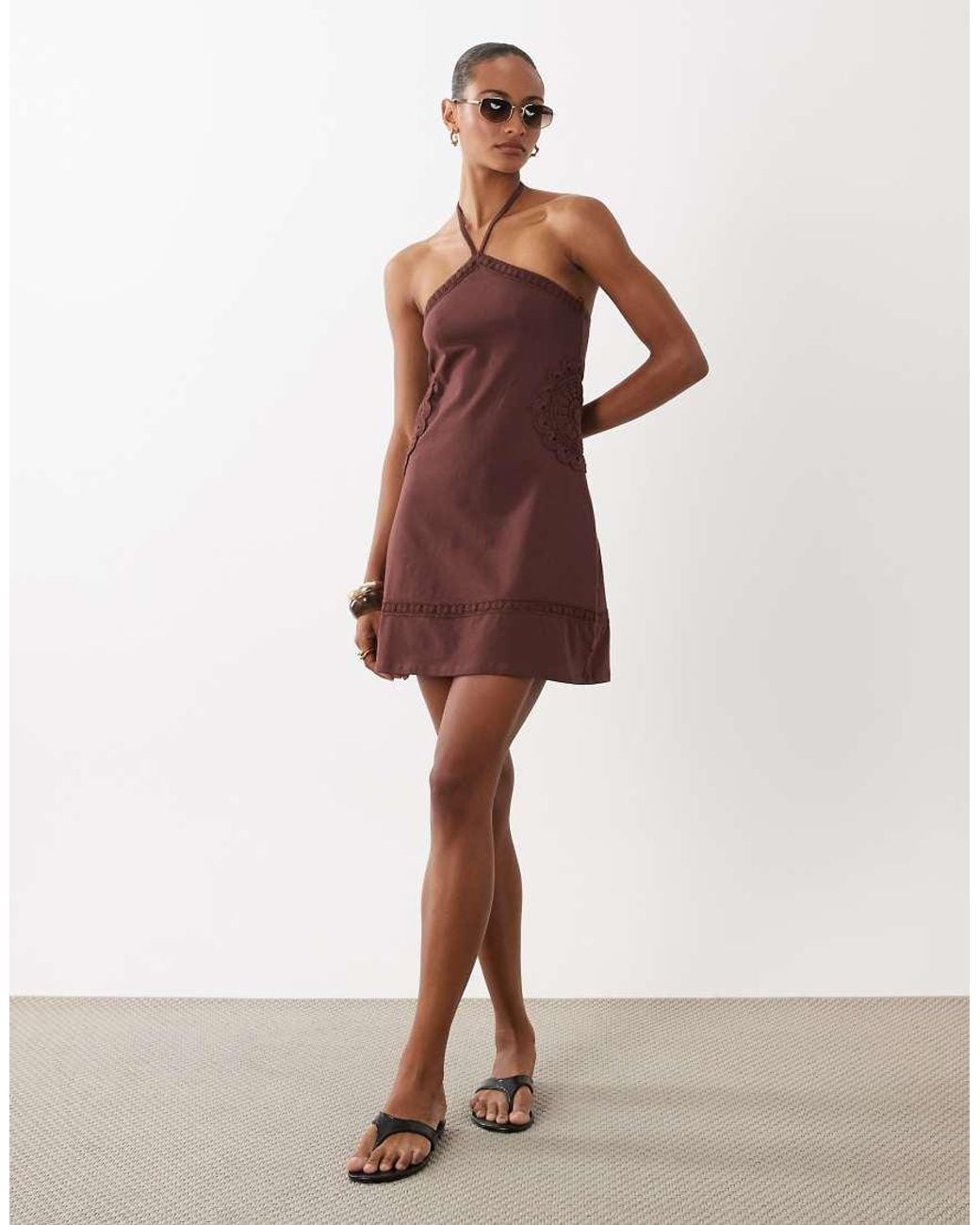 ASOS Brown Fit And Flare Crochet Patch Halter Mini Dress Chocolate
