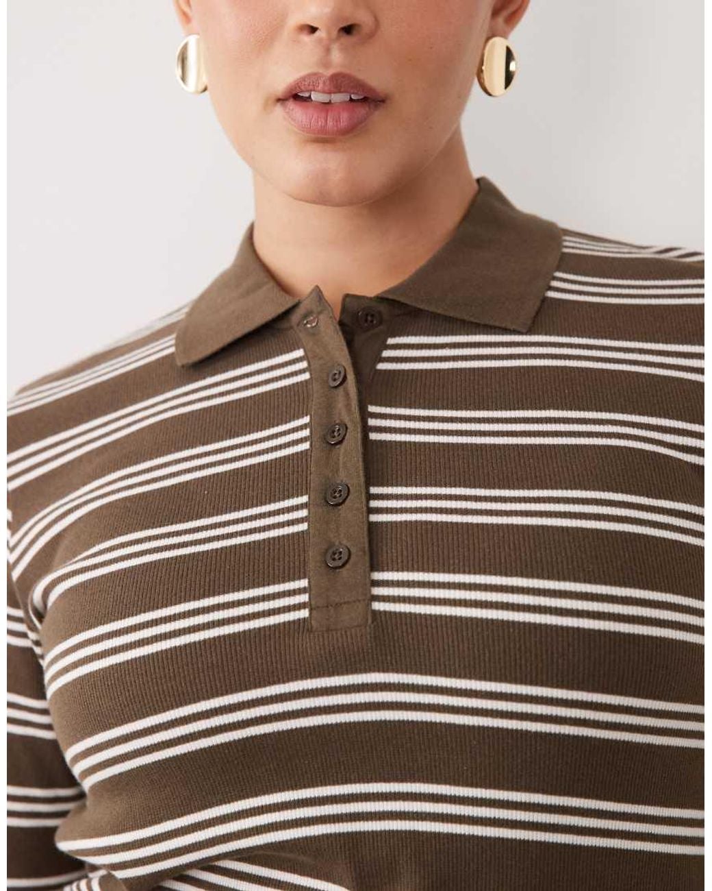 Brave Soul Brown Brave Soul Curve Long Sleeve Ribbed Polo Top