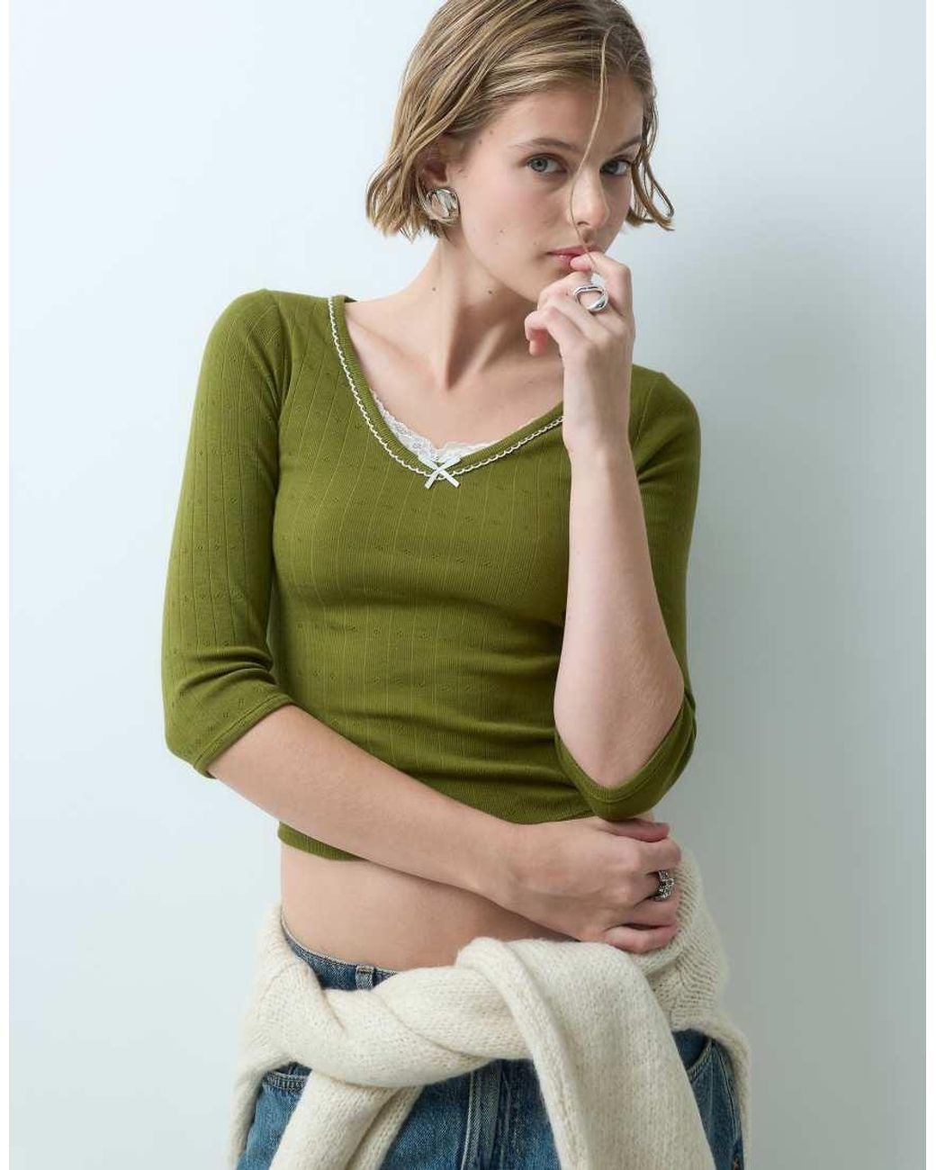 Miss Selfridge Green Rib V-neck 3/4 Sleeve Top With Lace And Picot Trim