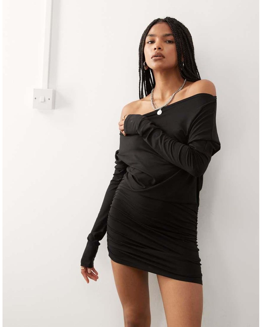 Weekday Black Off Shoulder Long Sleeve Mini Dress
