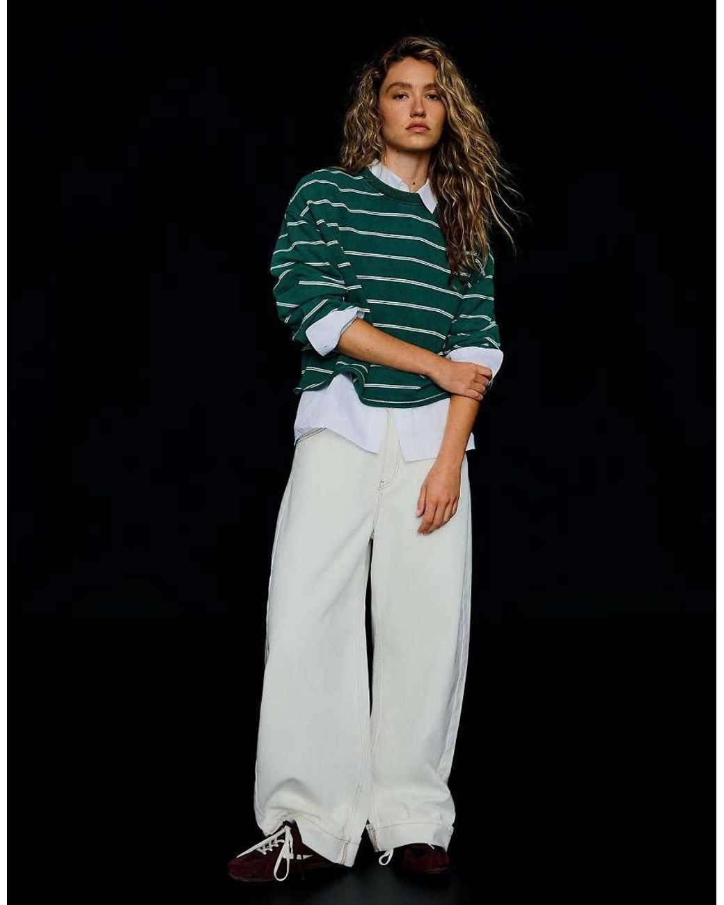 Bershka Green Striped Round Neck Sweatshirt