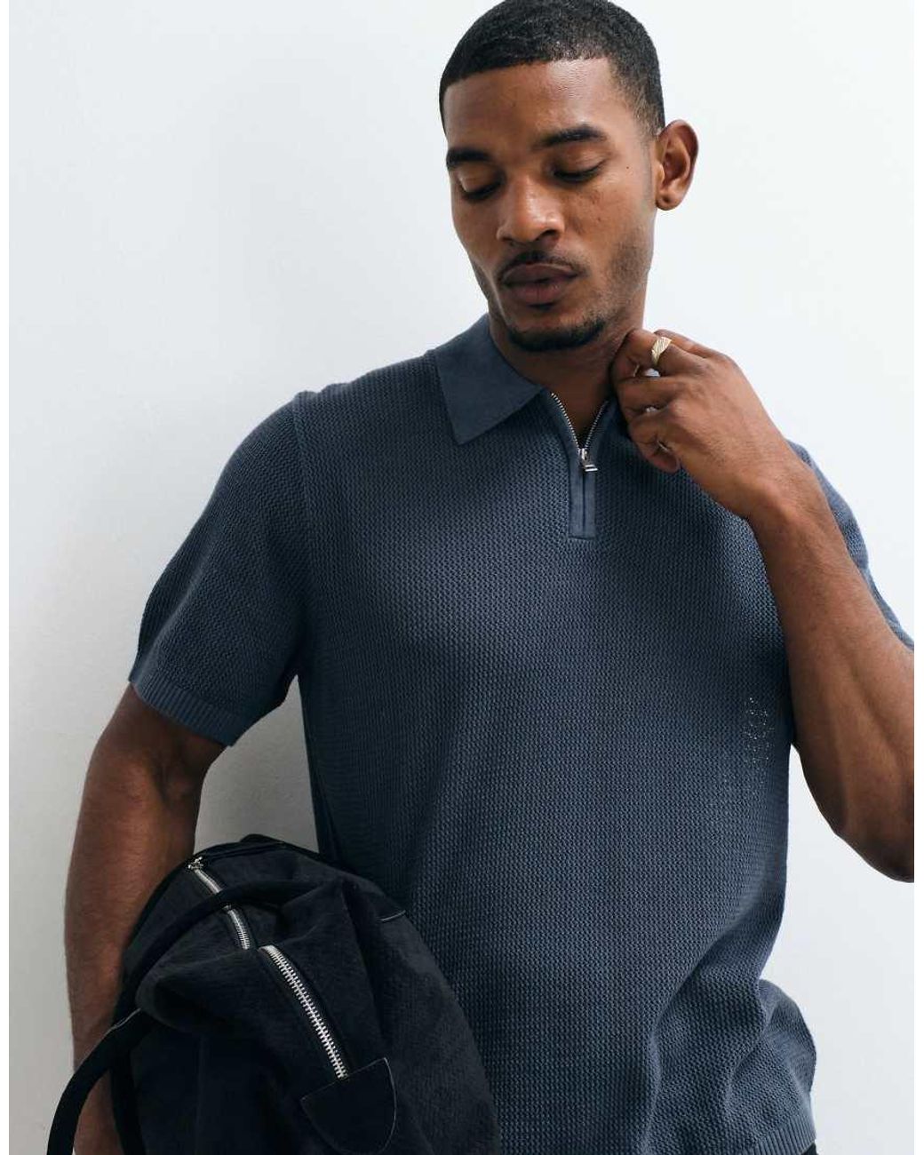 ASOS Blue Relaxed Knitted Pointelle Half-zip Polo Shirt for men