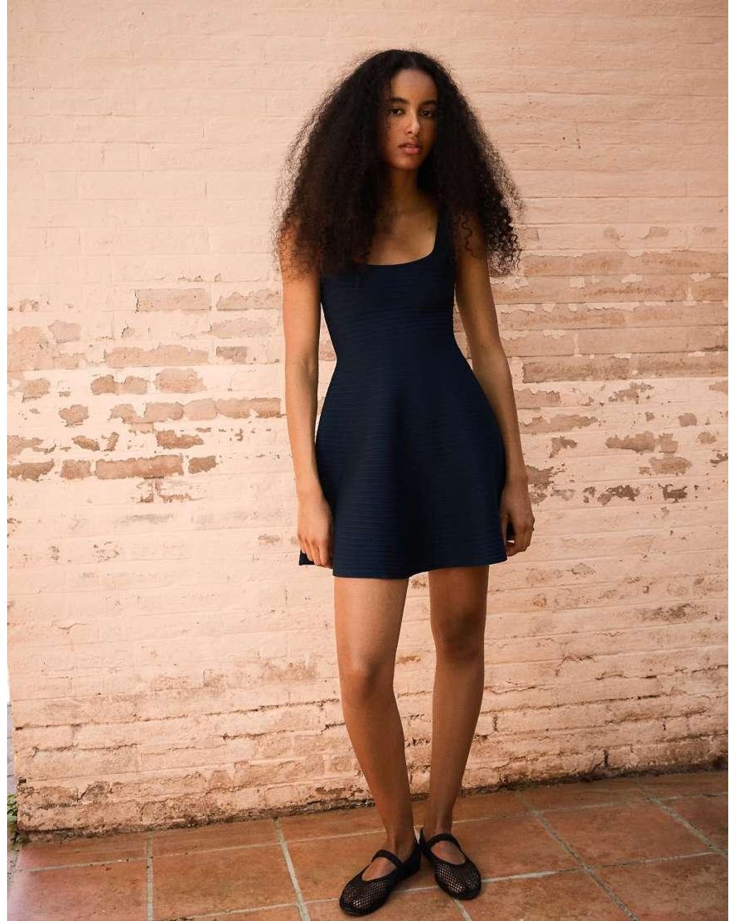 Bershka Blue Knitted Mini Dress With Flared Skirt