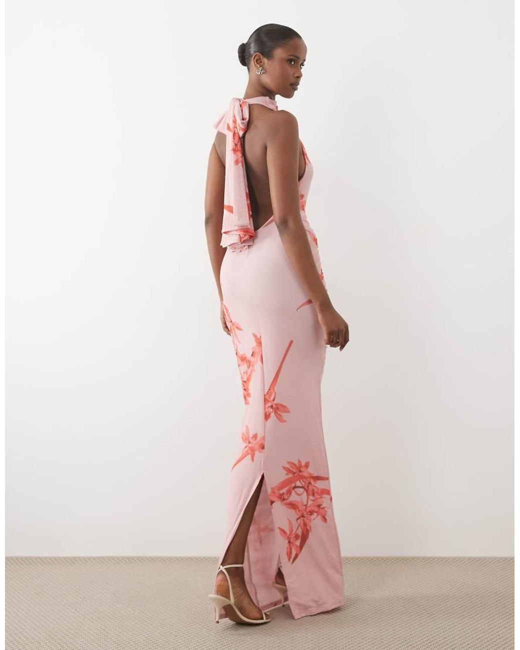 ASOS Pink Mesh Twist Bust Detail Halter Maxi Dress With Tie Back Neck