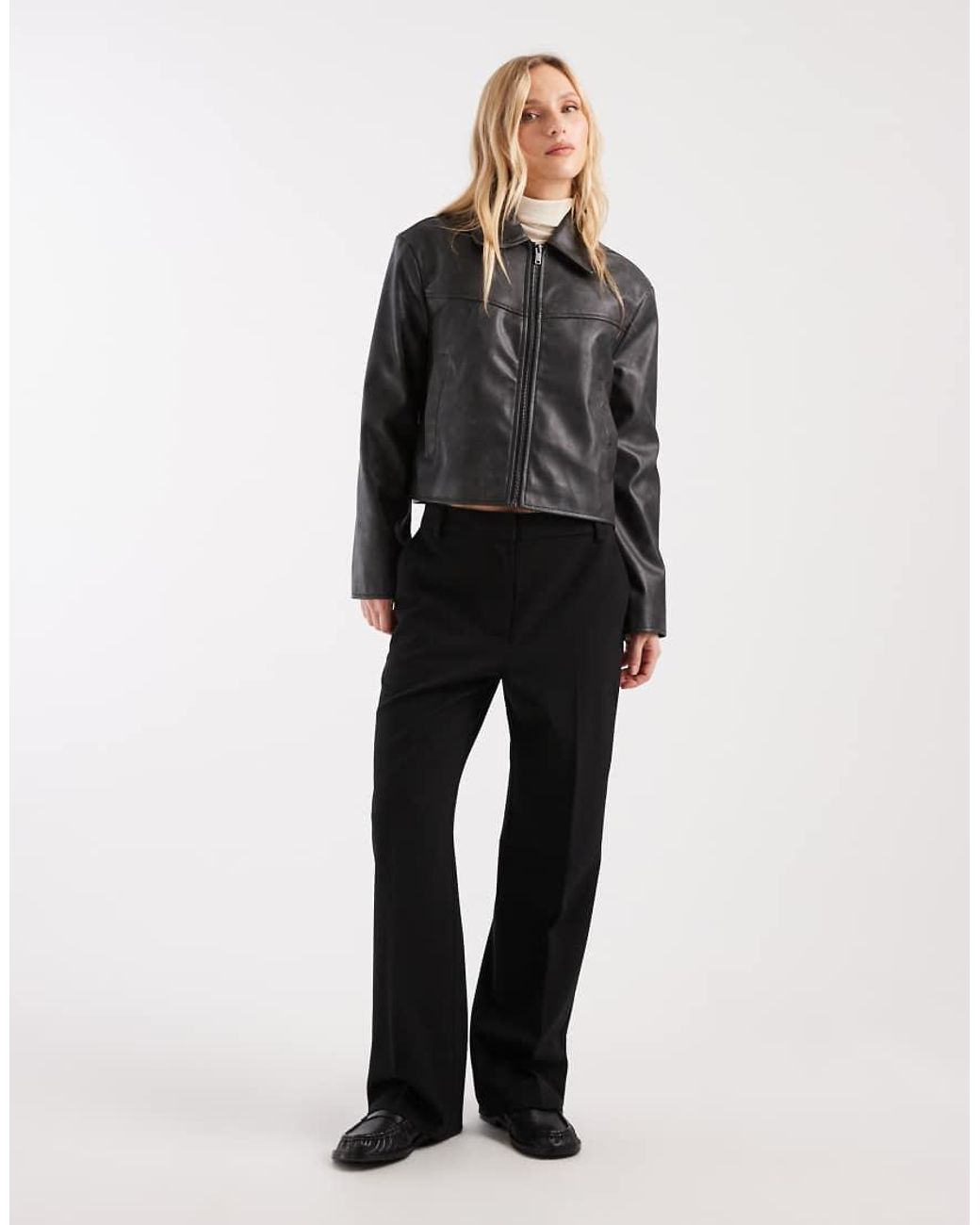 ASOS Black Asos Design Petite Leather Look Top Collar Jacket