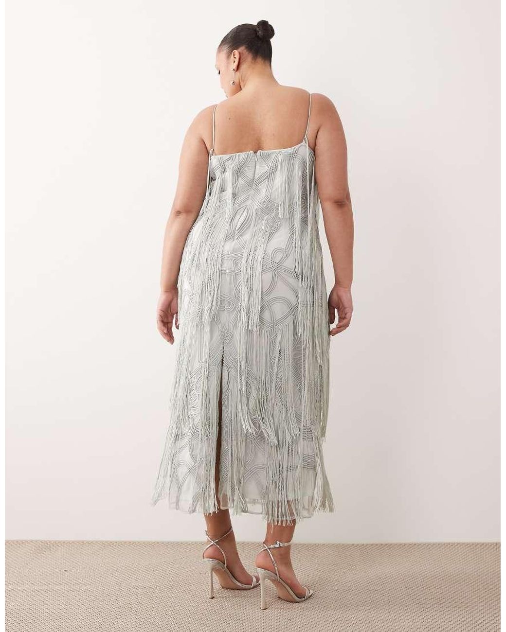 ARRANGE Gray Curve Geo Fringe Cami Column Maxi Dress