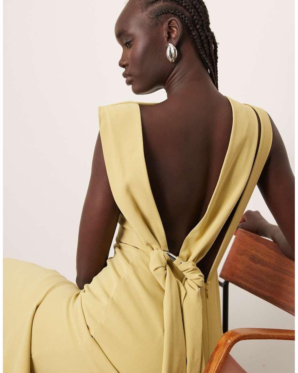 ARRANGE Natural Drape Neck Square Hem Open Back Midi Dress With Trim Detail