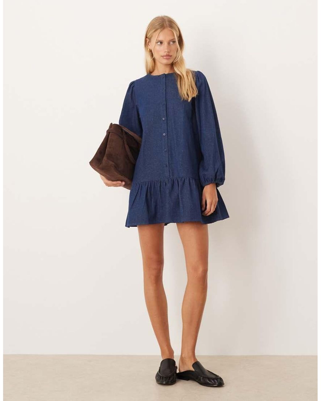 Neon Rose Blue Oversized Removable Collar Denim Mini Smock Dress