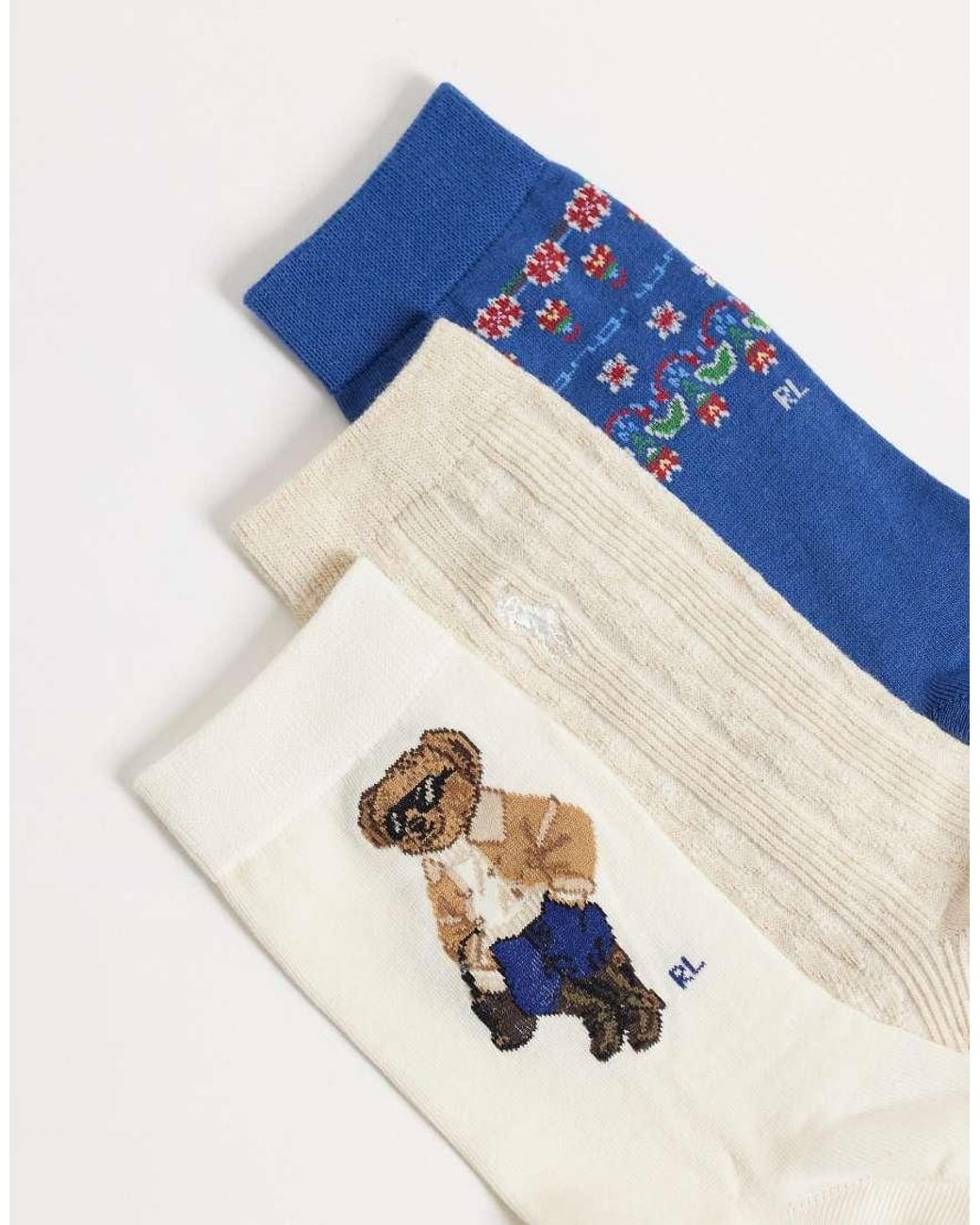 Polo Ralph Lauren Blue Winter Bear Print 3 Pack Crew Socks