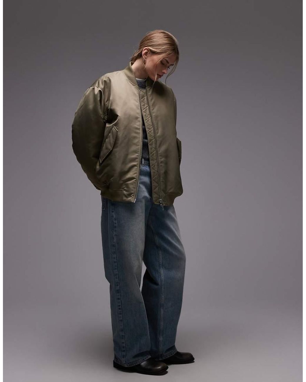 & Other Stories Gray Nylon Rib Sleeve Oversized Bomber Jacket