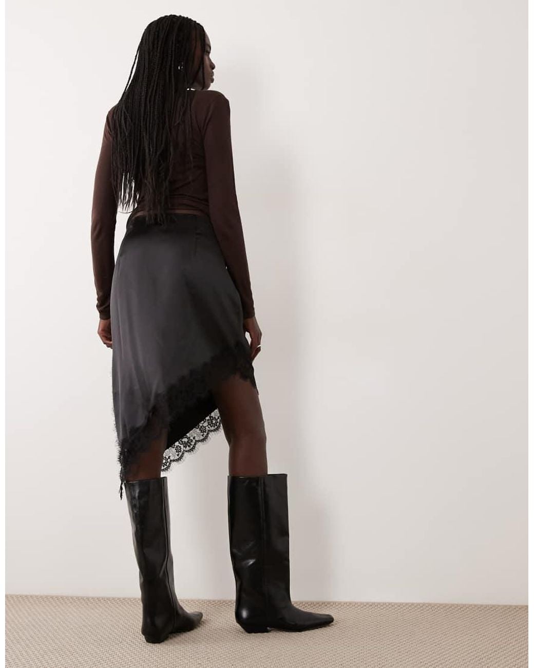 Pieces Black Asymmetric Lace Trim Satin Mini Skirt
