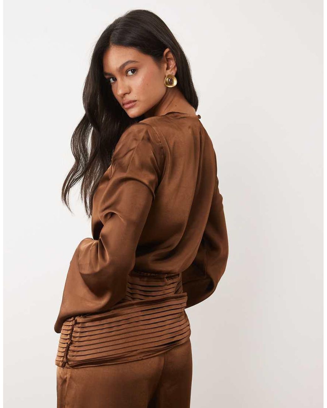 JW PEI Brown Exclusive Satin Draped Waist Bell Sleeve Top