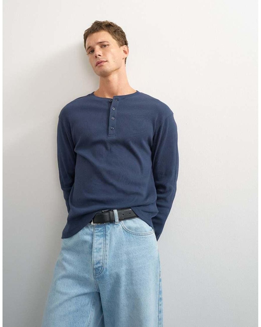 Topman Blue Slim Fit Long Sleeve Rib Henley T-shirt for men