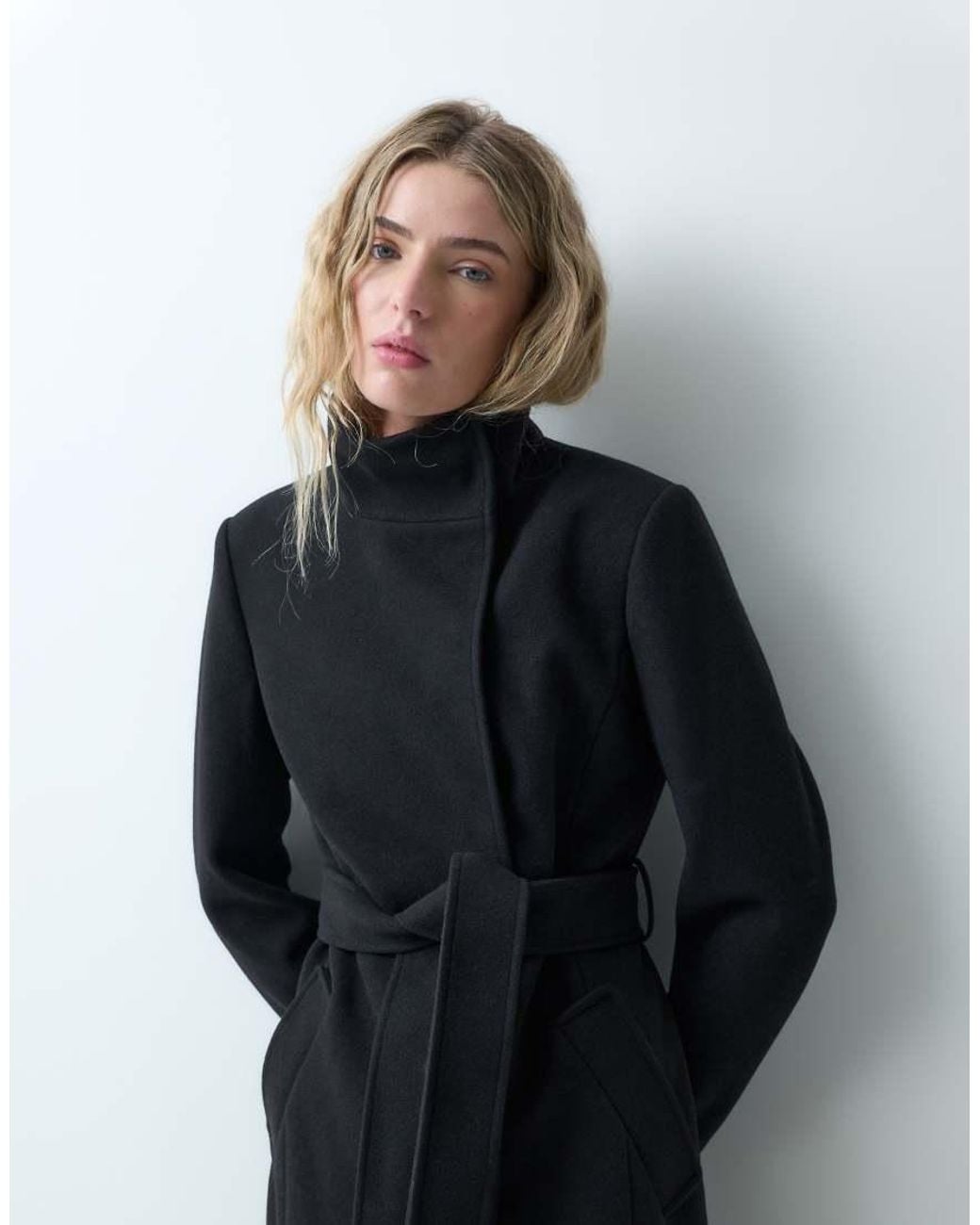 Forever New Black Wool Feel Funnel Neck Belted Long Line Coat