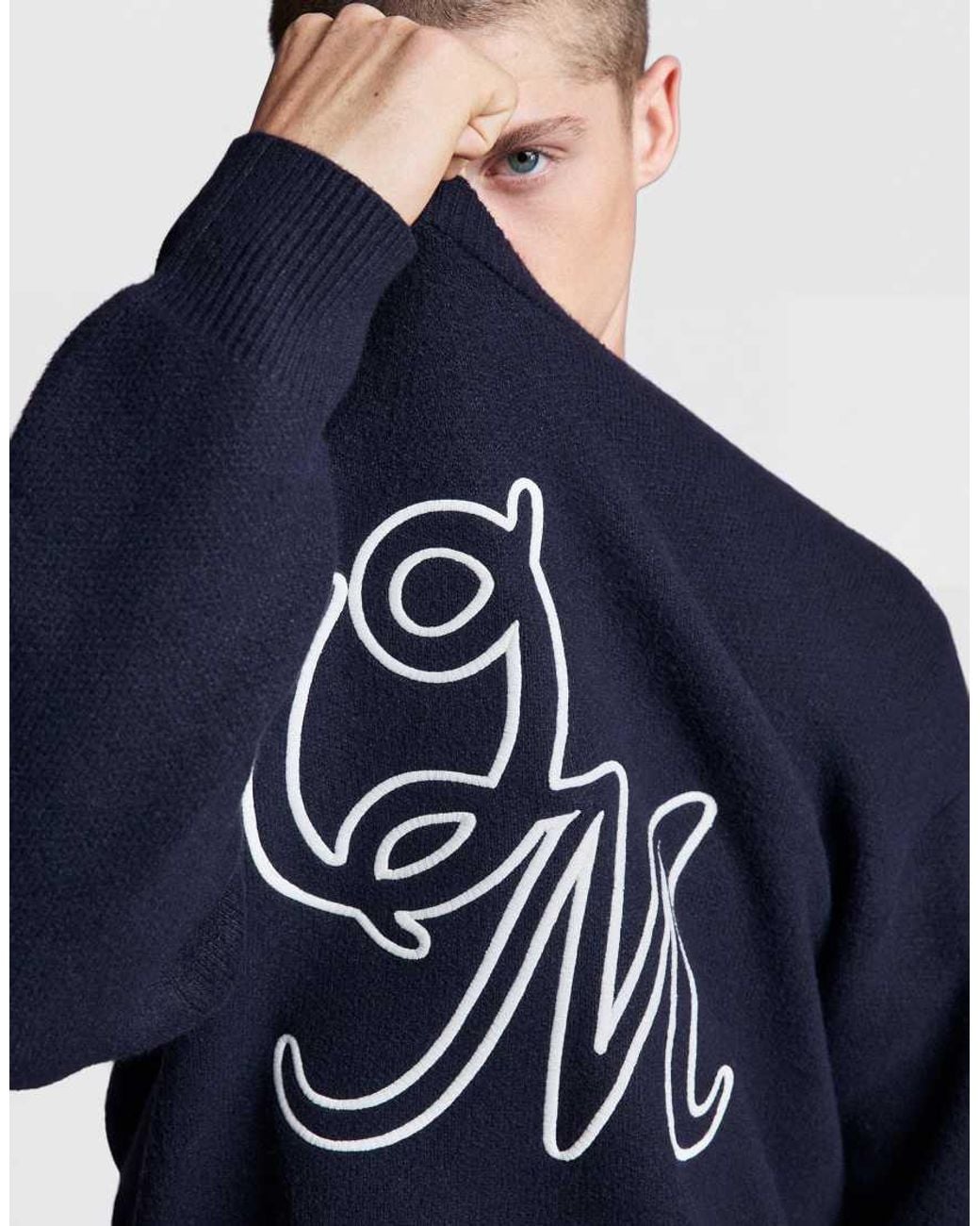 Bershka Blue Embroidered Round Neck Jumper for men