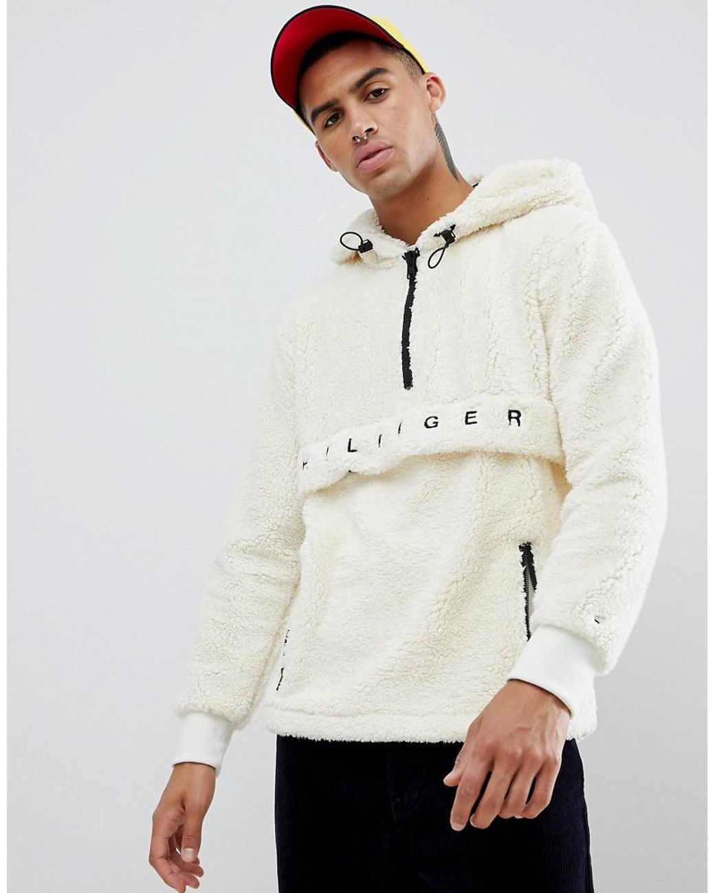 Tommy Hilfiger Oversized Teddy Fleece Half Zip Hoodie Logo Pocket In White  for Men | Lyst Australia