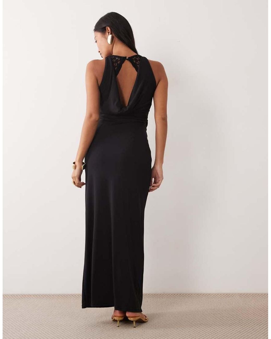 TFNC London Black Lace Racer Neck Open Cowl Back Drape Detail Maxi Dress