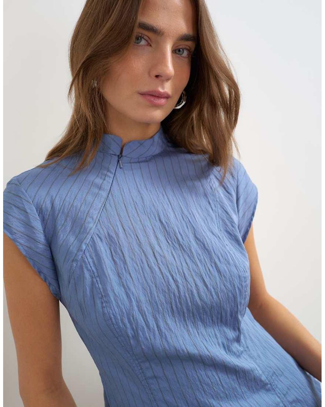 TOPSHOP Blue High Neck Zip Detail Top