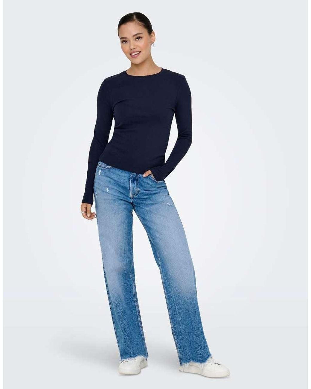 ONLY Blue Riley Slim Fit Crew Neck Long Sleeve Top